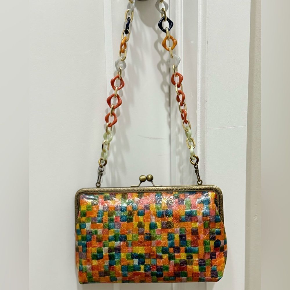 Colorful Checked Distressed Leather Hand-sewn Kisslock Clutch, Multi Use…